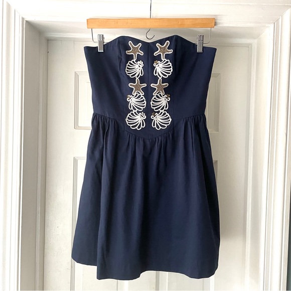 Lilly Pulitzer Mayfield Strapless Mini Dress Navy Starfish Seashell Size 4 - Picture 3 of 15